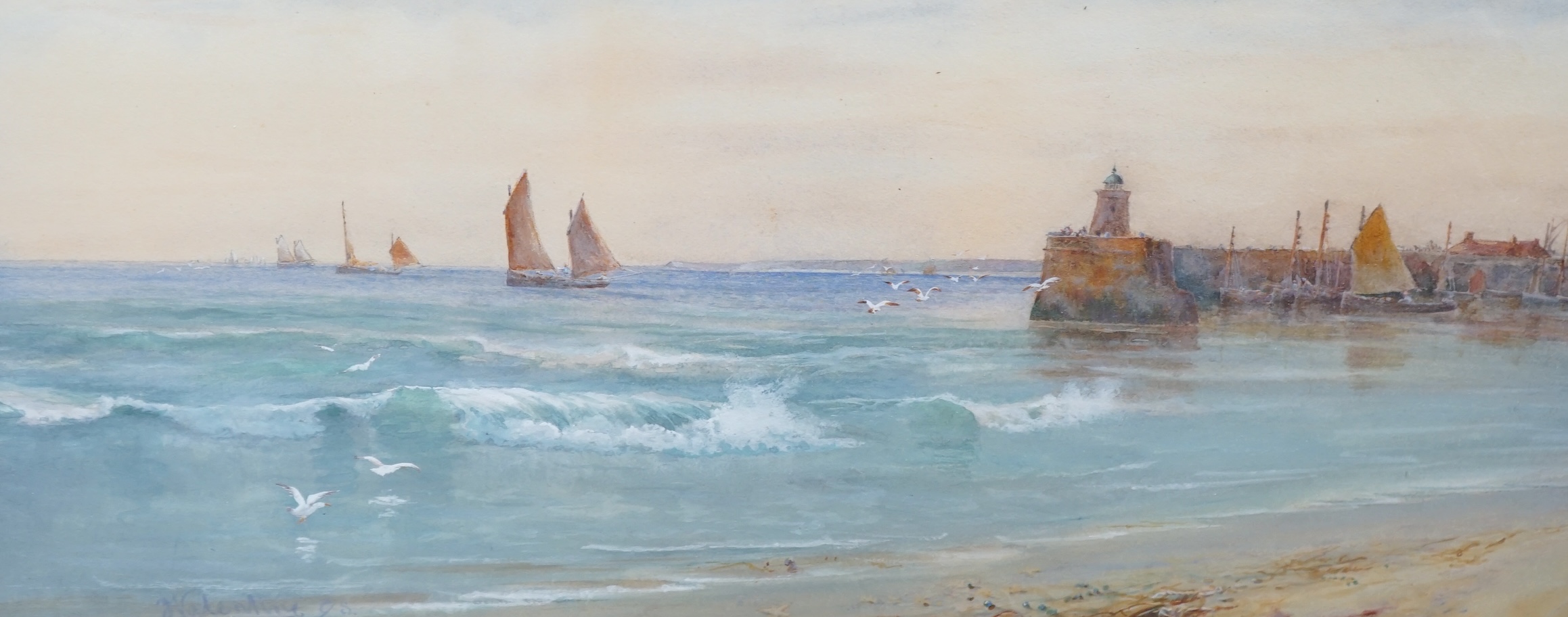 J. Valentine, pair of heightened watercolours, Harbour scenes with boats, each signed, 23 x 52cm. Condition - fair